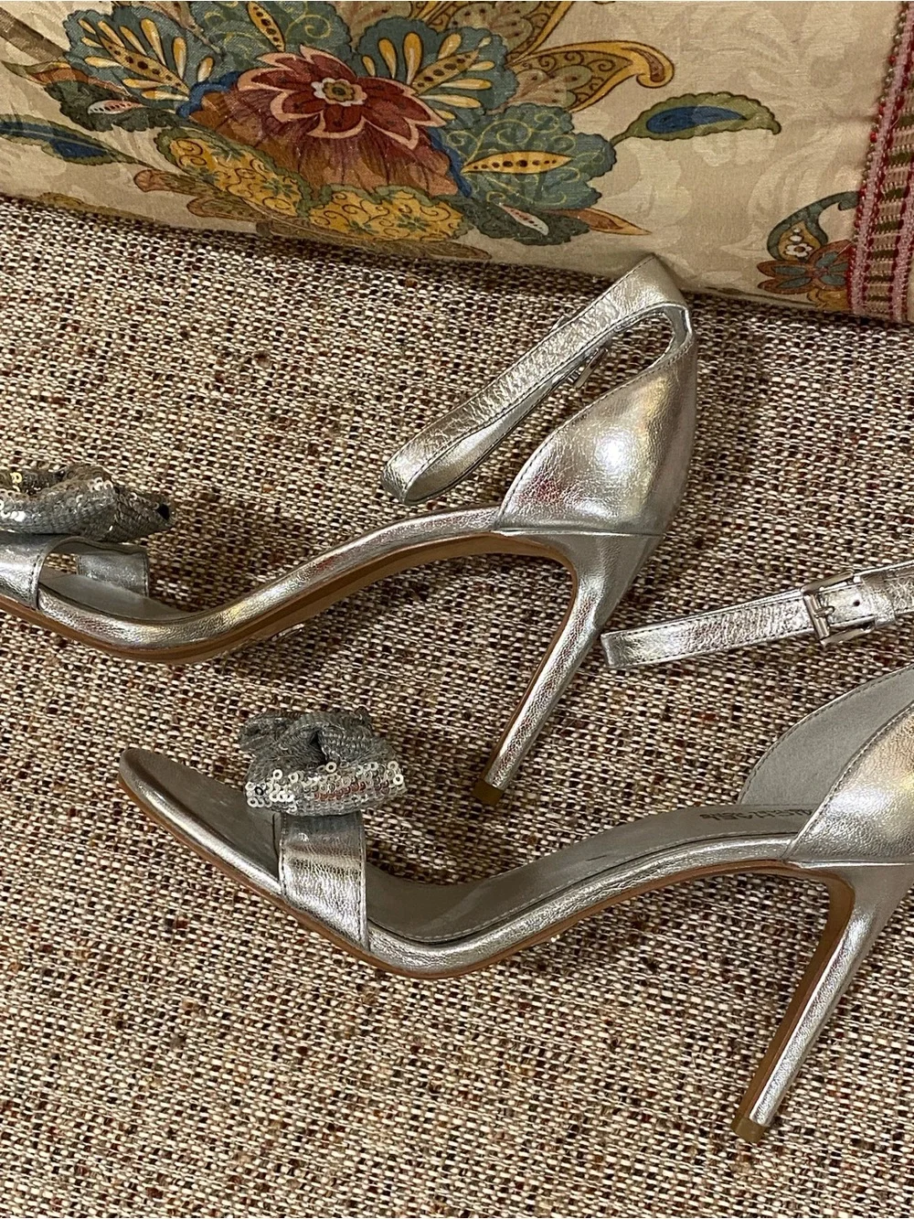 Michael Kors Silver Sequin Bow Ankle Strap Heels